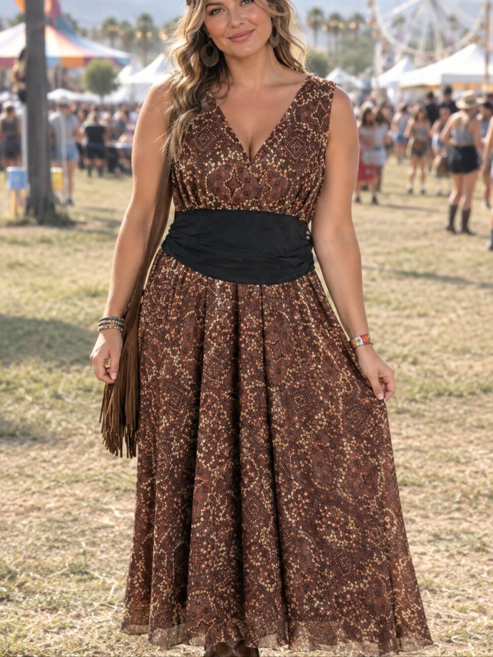 London Times Midi Dress Plus Size 16W Brown Medallion Print Surplice Fit & Flare